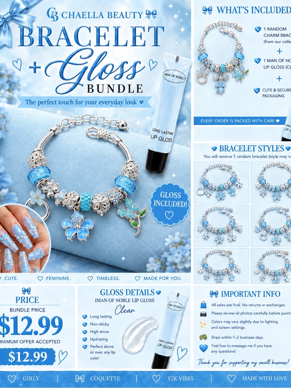 Blue Charm Bracelet + Lip Gloss Bundle